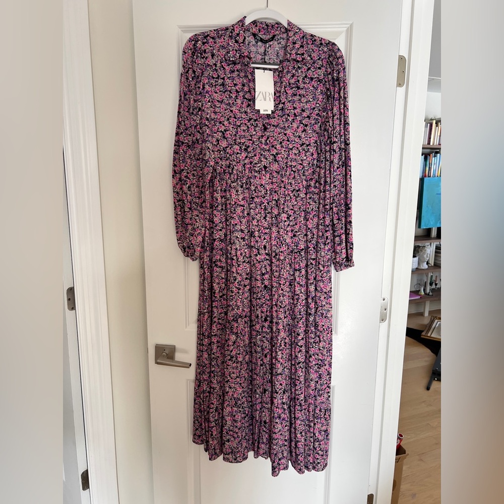 Zara Women's Long Sleeve Floral Dress - Pink and Black
